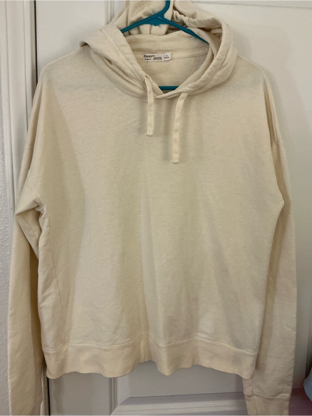 🔥 Hanes Originals Cream CHEERFUL Graphic Cropped Pullover Hoodie - W Small S